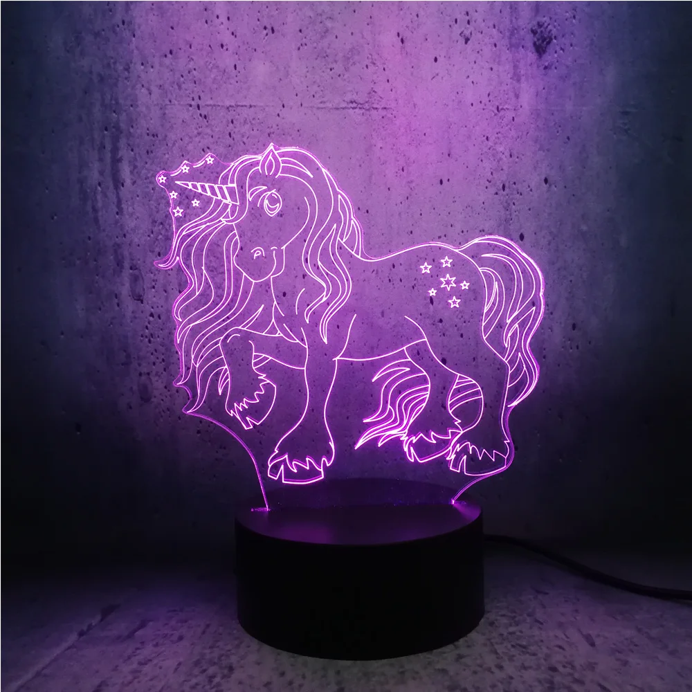 3D светодиодный светильник ночник длинные волосы единорог лошадь RGB лампа