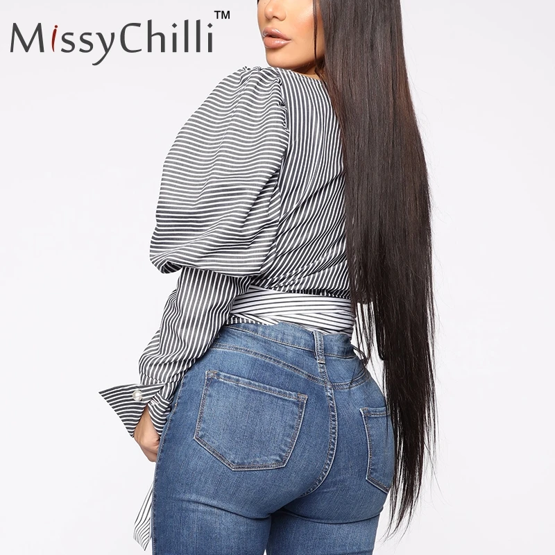 Полосатая черная блузка MissyChilli с длинным пышным рукавом сексуальная женская на