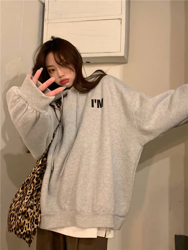 

EX494 new Korean print plus velvet warm long-sleeved loose top hooded gray Sweatshirts women