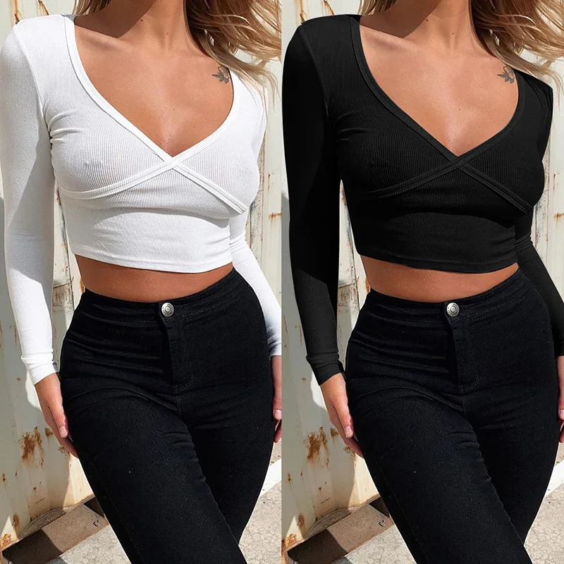 

2021 spring women's tops V-neck hot style tight sexy slim knit long-sleeved T-shirt women casual solid color commuter top women