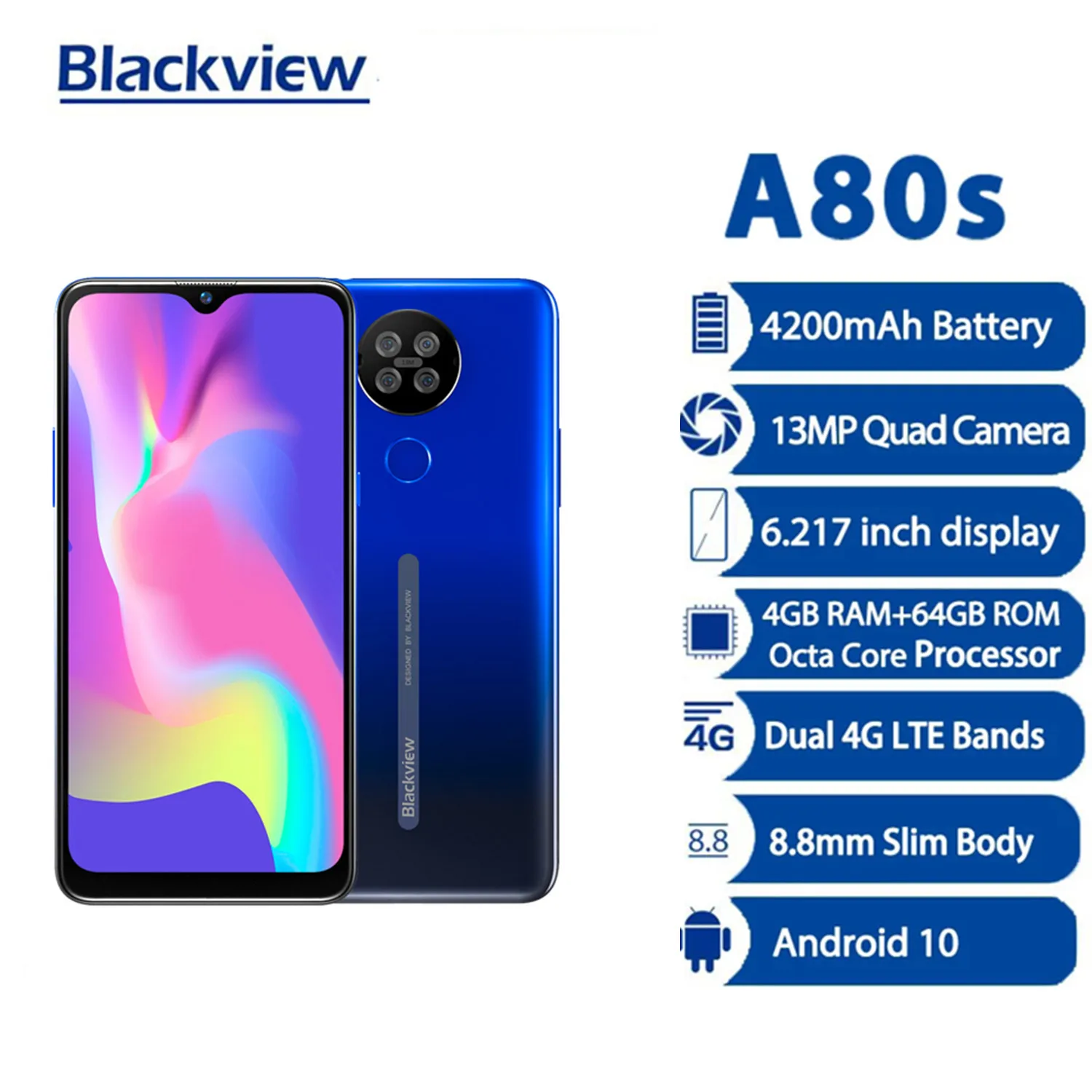 

Смартфон Blackview A80s, 4 Гб + 64 ГБ, 6,217 дюйма, Android 10, 13 МП, 4G LTE, 4200 мАч, мобильный телефон