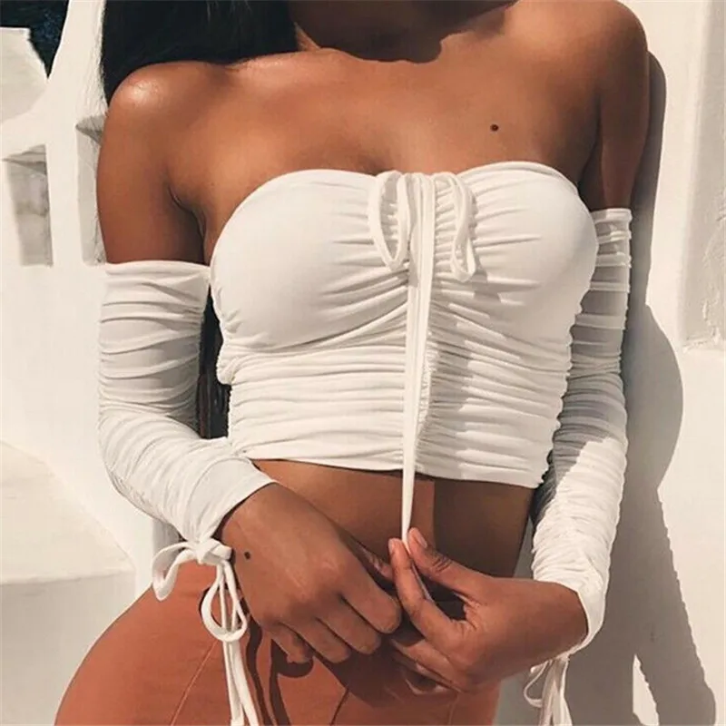 Женская тонкая футболка с открытыми плечами весенне осенняя однотонная белая