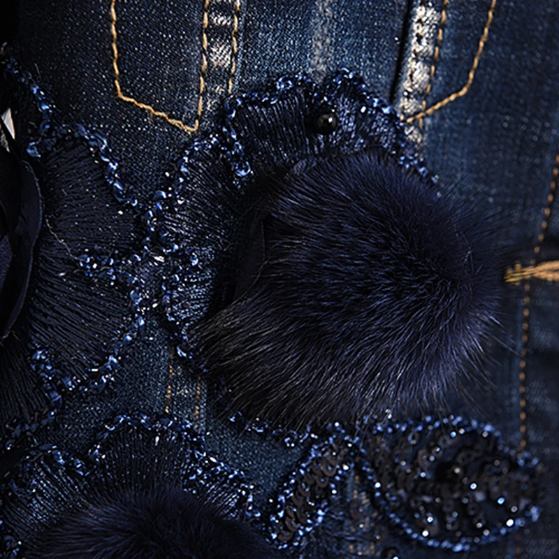 

European Jeans Set 2 Piece Suits Women Big fox fur collar 3D Flower Tassel Beaded Stretch Short Denim Jacket + Long Jeans suit