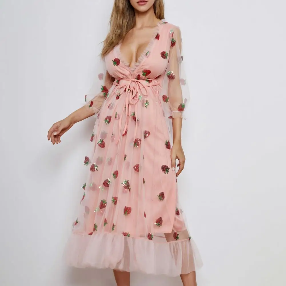 

Sequins Strawberry Dress Women Sweet Mesh Vestido Autumn Sexy V Neck Puff Sleeve Pleated Big Swing Dress Women Party Dresses