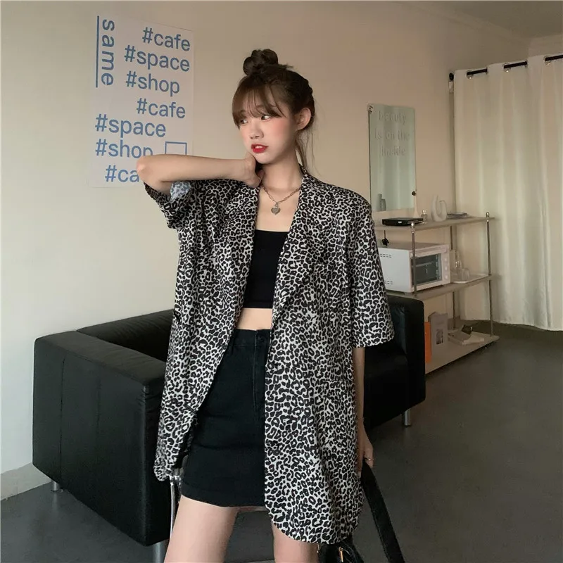 

Блейзер женский с коротким рукавом, винтажная уличная одежда с леопардовым принтом, модный ретро свободный пиджак бойфренда в стиле Харадз...