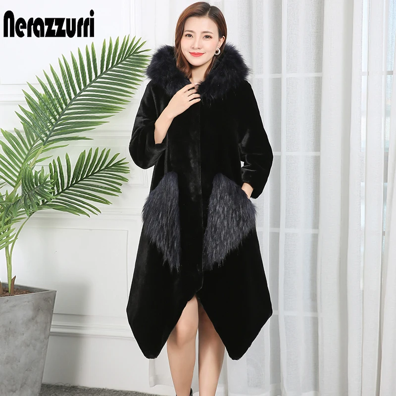 Nerazzurri Женская пальто из искусственного меха с бренд Fox fur Trim hood реглан рукав