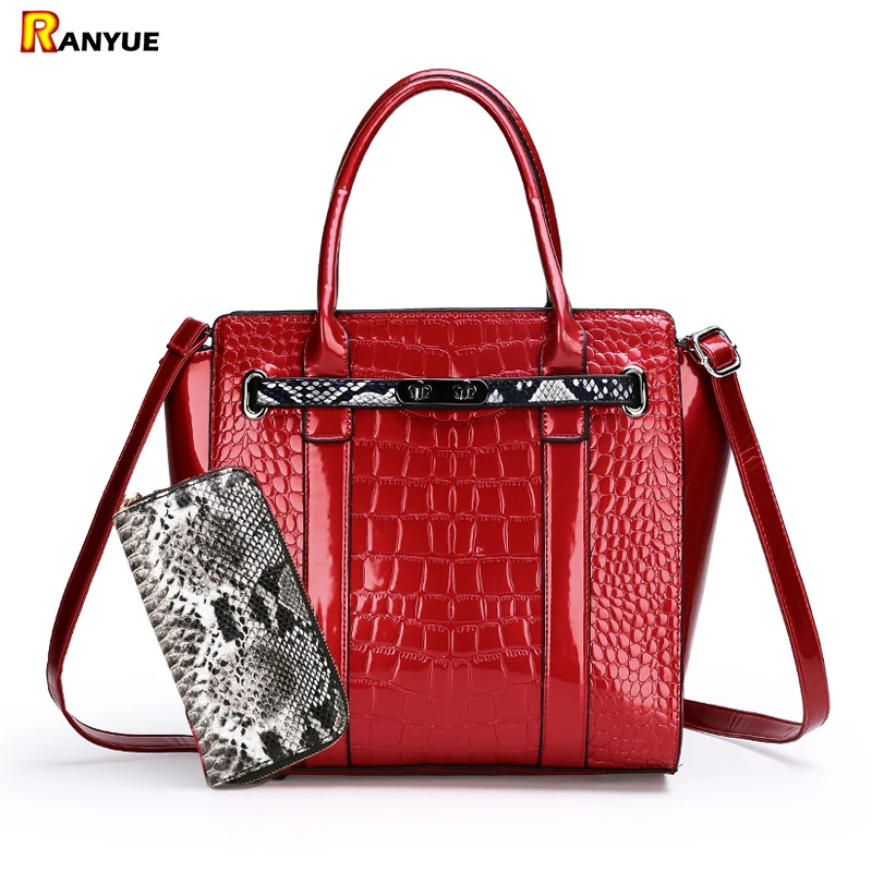 Сумка-тоут женская из лакированной кожи роскошный саквояж с крокодиловым узором