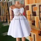 Платье Свадебное до колен с рукавами-крылышками, с аппликацией, Белое Атласное ТРАПЕЦИЕВИДНОЕ формальное платье с прозрачным вырезом для невесты