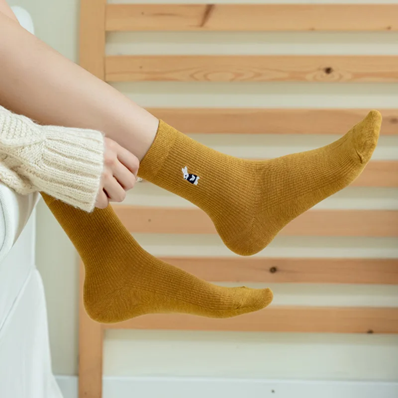 

10 pieces = 5 pairs Women Socks Solid Color Cotton 2020 New Style for Autumn and Winter Embroidery Cute Animal Socks women