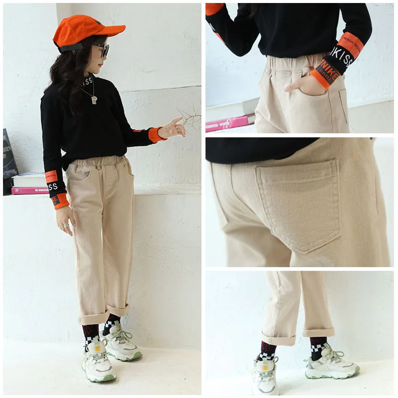 

Fashion Casual Pants For Girls Solid Cotton Straight Pants Kids Girls Clothes Elastic Waist Trousers Wide Leg Pants 8-14 years