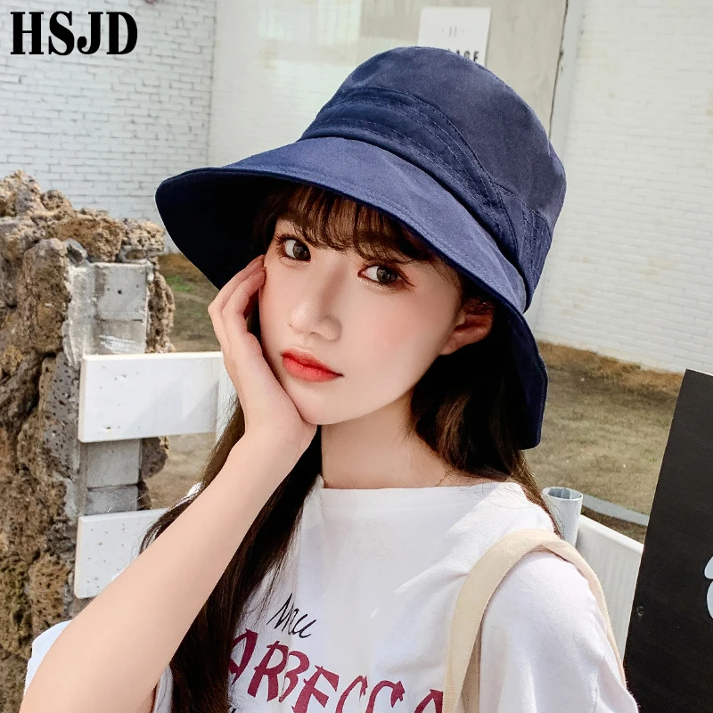Summer Women Foldable Bucket Hat Solid Color Wide Brim Anti-UV Beach Cotton Sun Hats Female Panama Fisherman Hat Green Olives