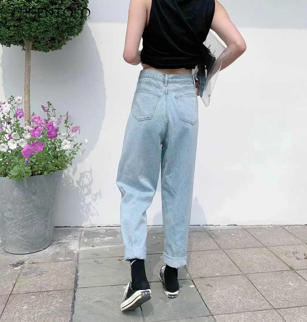 

Lugentolo Women Harajuku Jeans Fashion Autumn Loose Solid Retro High Waist Casual Denim Harem Pants Female Long Jeans