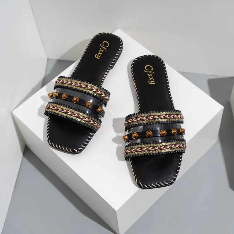 

Summer Slippers New Flat Designer Fashion Ribbon Slippers Open Toe Outdoor Women Shoes Sandals Women 2021 Large Size 37-42