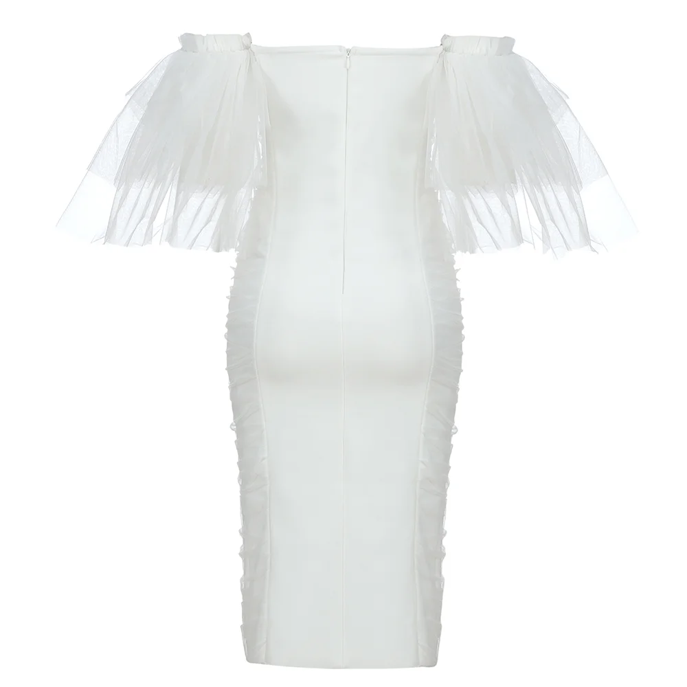 Женское облегающее платье с открытыми плечами белое Сетчатое вечернее лето 2020 |