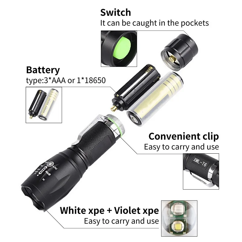 Portable UV LED Flashlight 2 in 1 Purple White Light Black Ultraviolet Torch Room Urine Detector | Освещение