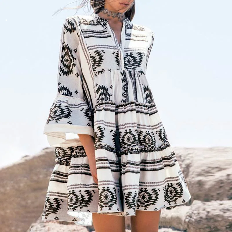 

Loose Bohemian Beach Dress Printing Sundress Swim Beach Wear Plus Size Cover Blouse Women Summer Autumn Long-Sleeved Cover Dress