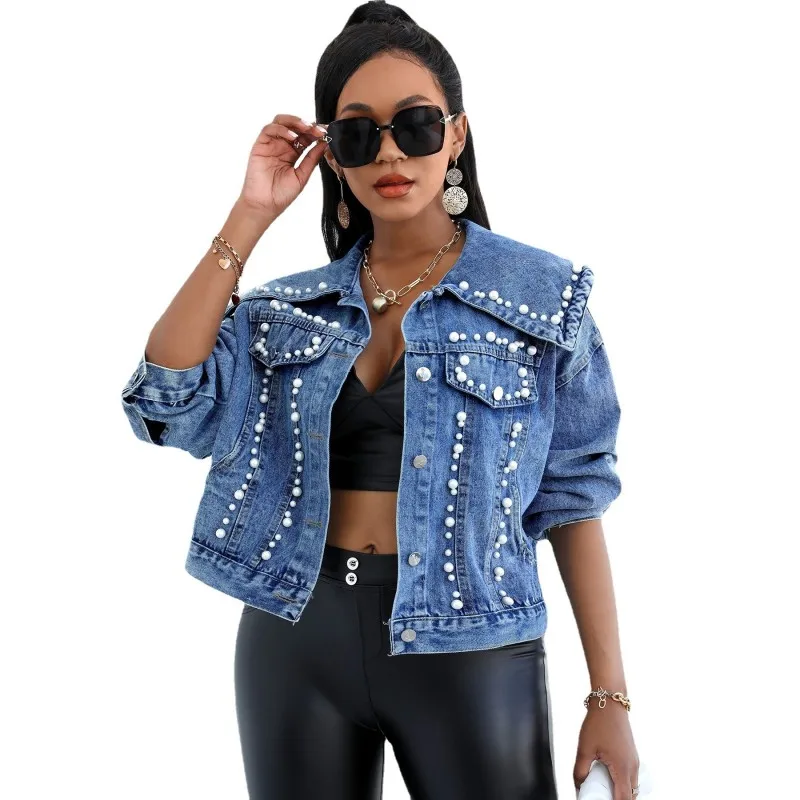 

Loose Denim Jackets Women Turn Down Collar Full Sleeve Jeans Coat Outwear 2021 Autumn New Pearl Streetwear Cardigan Short Jacket