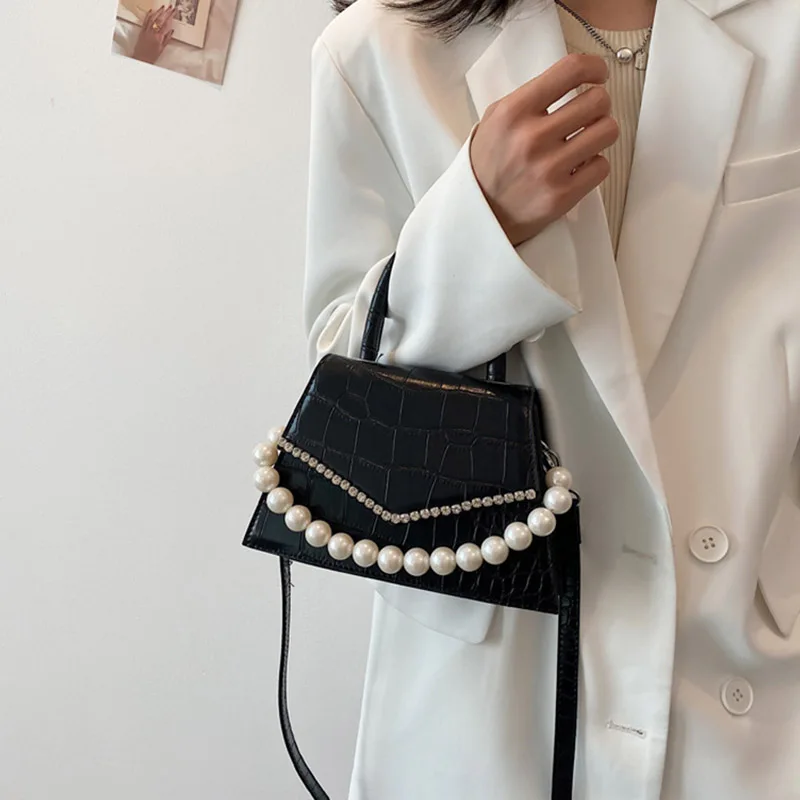 

Retro Crocodile Pattern Messenger Bag Ladies Brand Design Shoulder Bags High Quality PU Leather Crossbody Bag Pearl Handle Bags