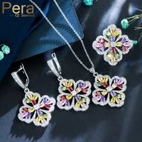 pera brand design colorful cubic zirconia dangle large flower earrings and necklace rings set trendy ladies jewelry sets j166