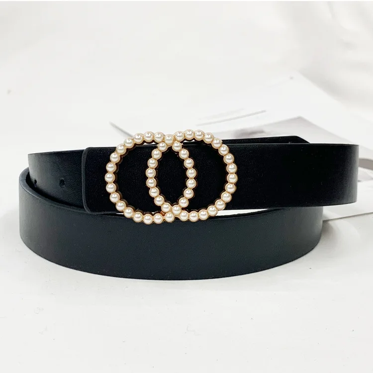 

Women Luxury Designer Belt Leather Belts for Jeans Dresses Woman Pearl Studded Buckle Girls Ladies Fashion Decorative Waistband