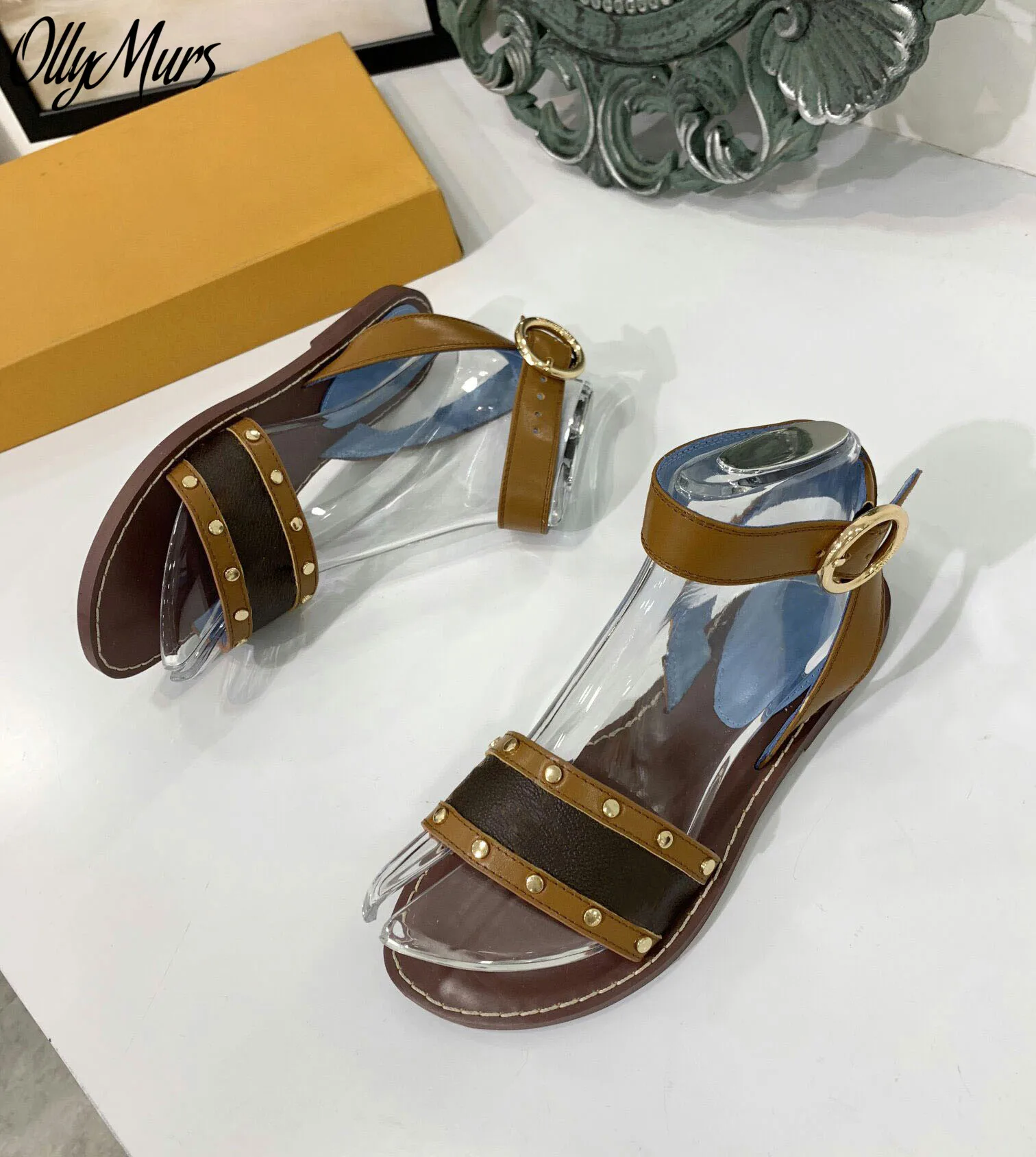 

Ollymurs New Spring Summer Genuine Leather Open Toe Luxury Brand Sandals Open Toe Buckle Strap Flats Shoes Women