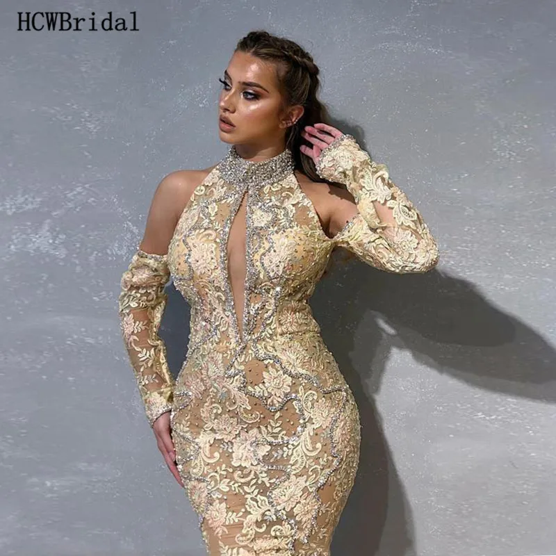 

Champagne Lace Long Sleeves Evening Dress Backless High Neck Sexy Prom Party Dresses Women Special Occasion Gowns Abenkleider