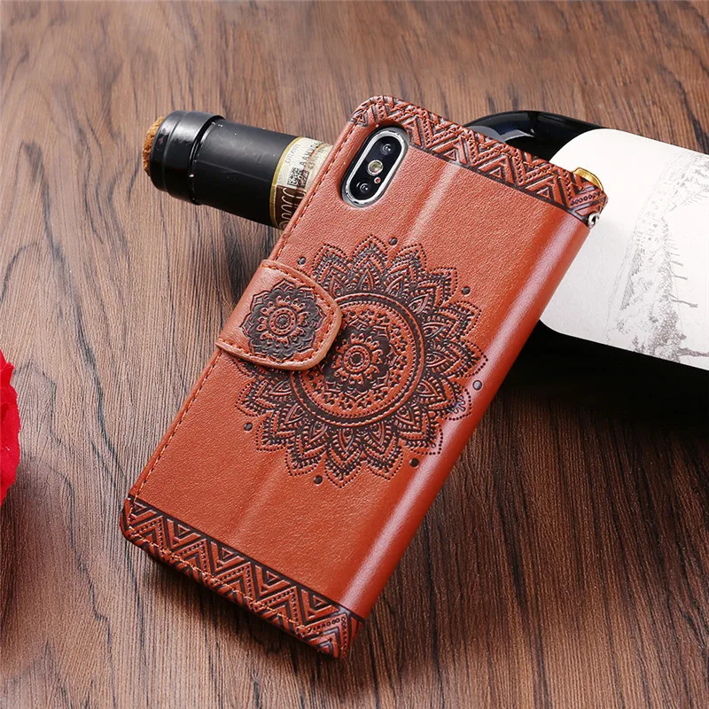Ретро Флип кожаный бумажник чехол для телефона для iPhone XR XS Max X XS цветочный узор чехол для iPhone 8 7 6 6S Plus Мандала хна Капа