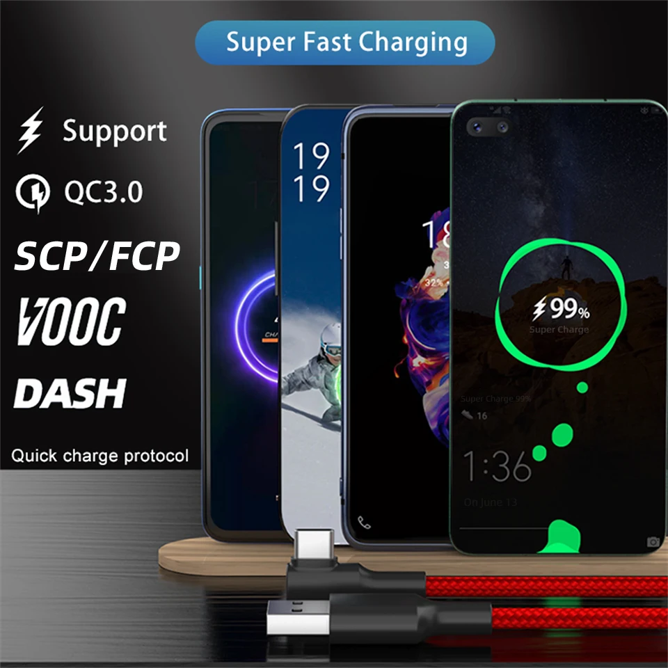 90 градусов 5A USB Type C кабель 2 м QC3.0 Быстрая зарядка для Samsung Xiaomi Poco X3 Redmi Note 9 Pro Oneplus 8 USBC