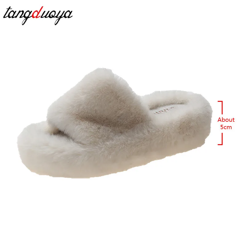 Fur Home Slippers Woman Platform Plush Indoor Fashionable Furry Shoes Fuzzy Fluffy autumn Winter Slippers Platform Flip Flops images - 6
