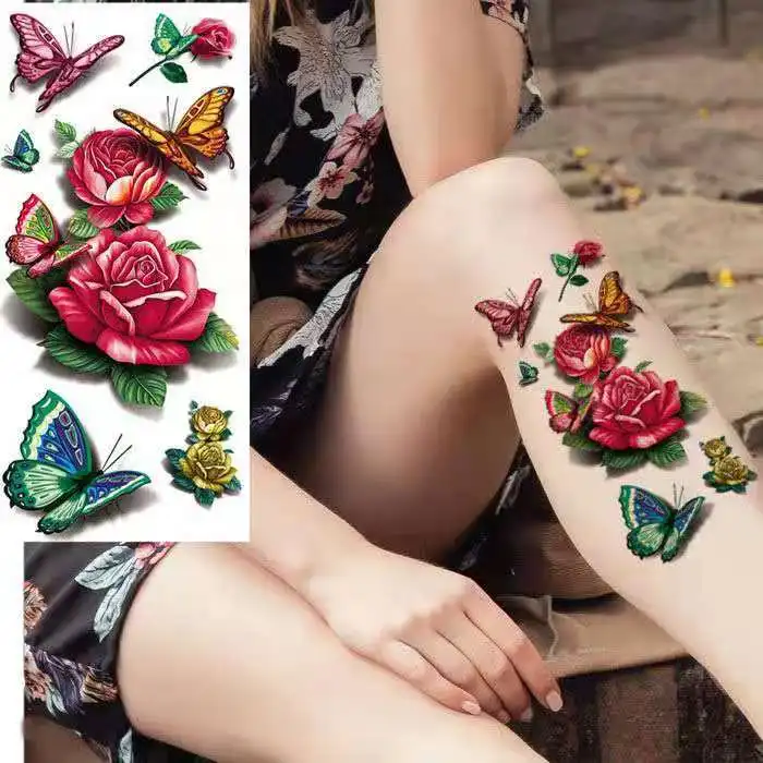 

Водостойкая временная татуировка наклейка красная роза бабочка тату для рук боди-арт водная переводная имитация татуировки Мужские Женски...