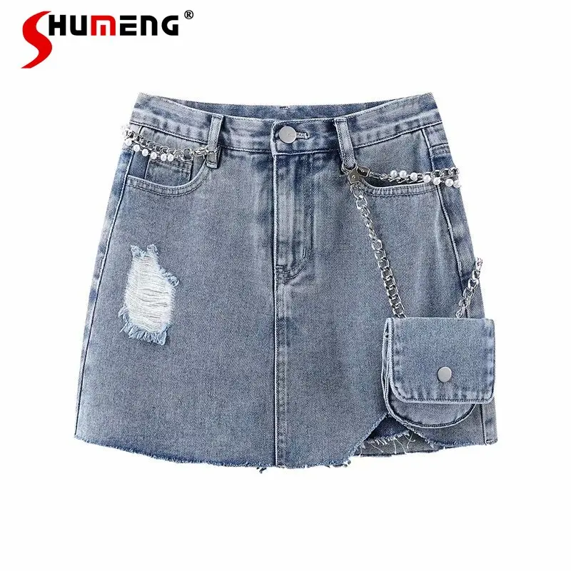 

Женская джинсовая юбка с высокой талией, голубая короткая юбка с вышивкой бисером и карманами, модель 2021 на лето