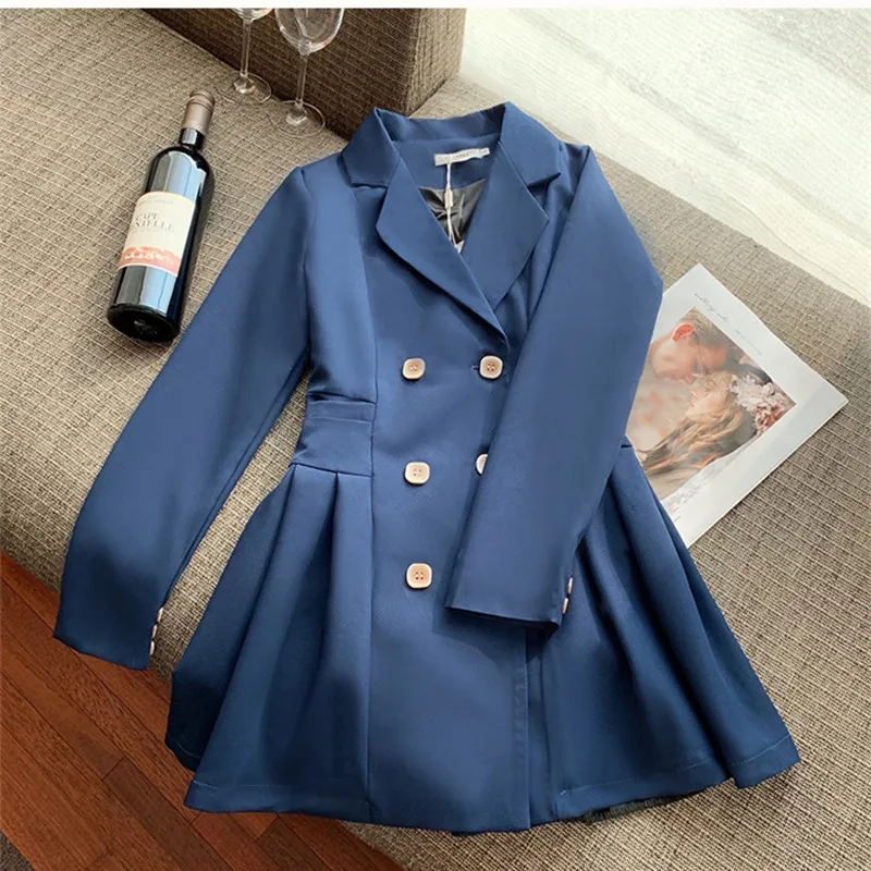 

Women Double Breasted Notched Lapel Collar Blazer Dress Suits Solid Chic Elegant Plelated A-Line Mini Dress 2020 Spring Fall