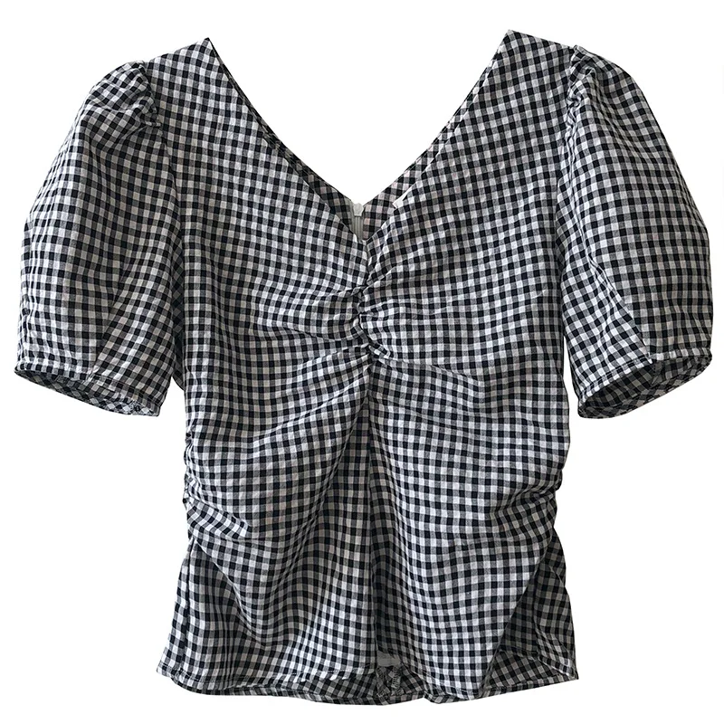 

215 Summer Fashion Women Plaid Shirt Classic Casual Popular Short Puff Sleeve V-Neck Folds Elegant Unique Girl Slim French Tops