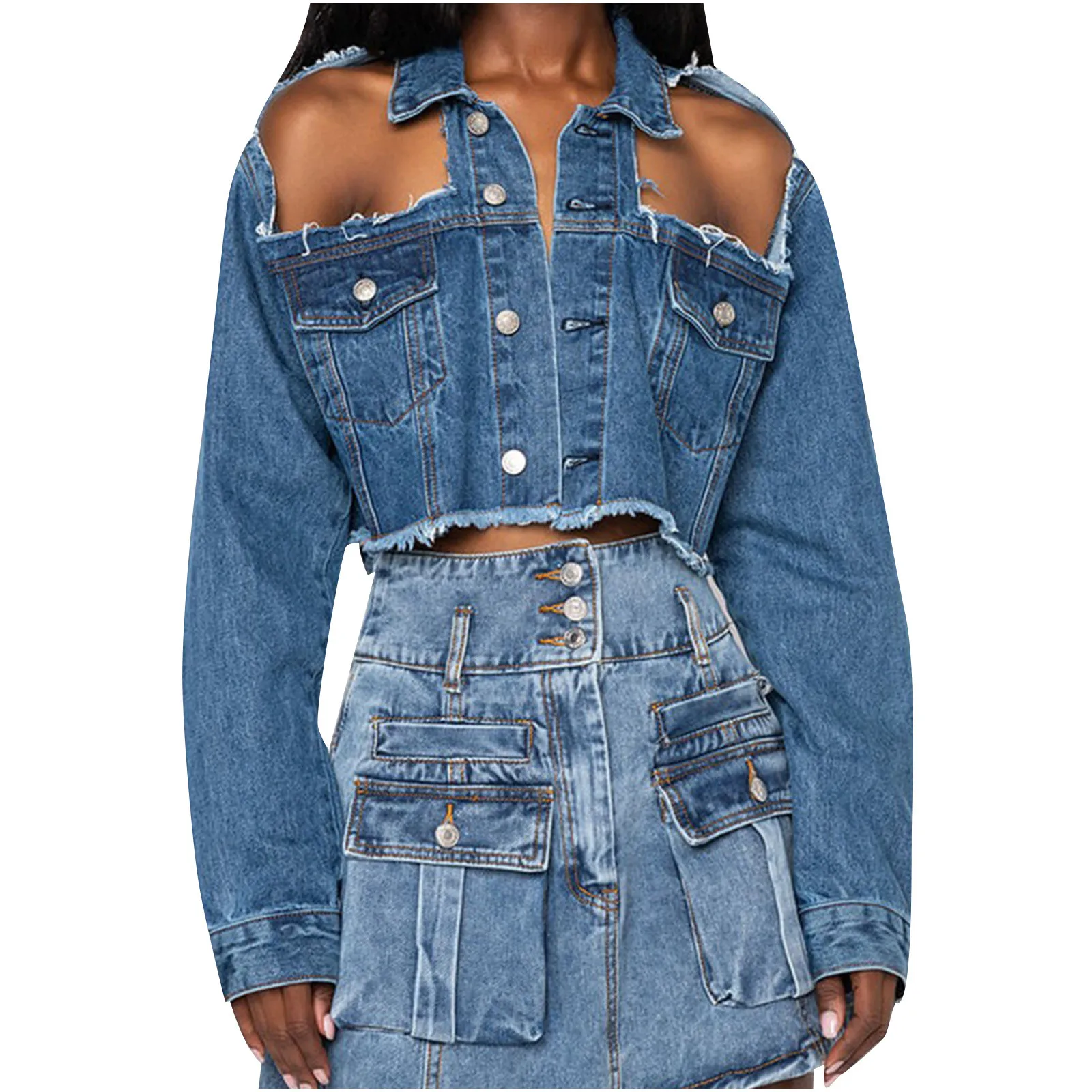 

Denim Coat Women Sexy Ripped Off-shoulder Long-sleeved Denim Short Slim Lapel Jacket Casaco Feminino Jackets For Women 2021