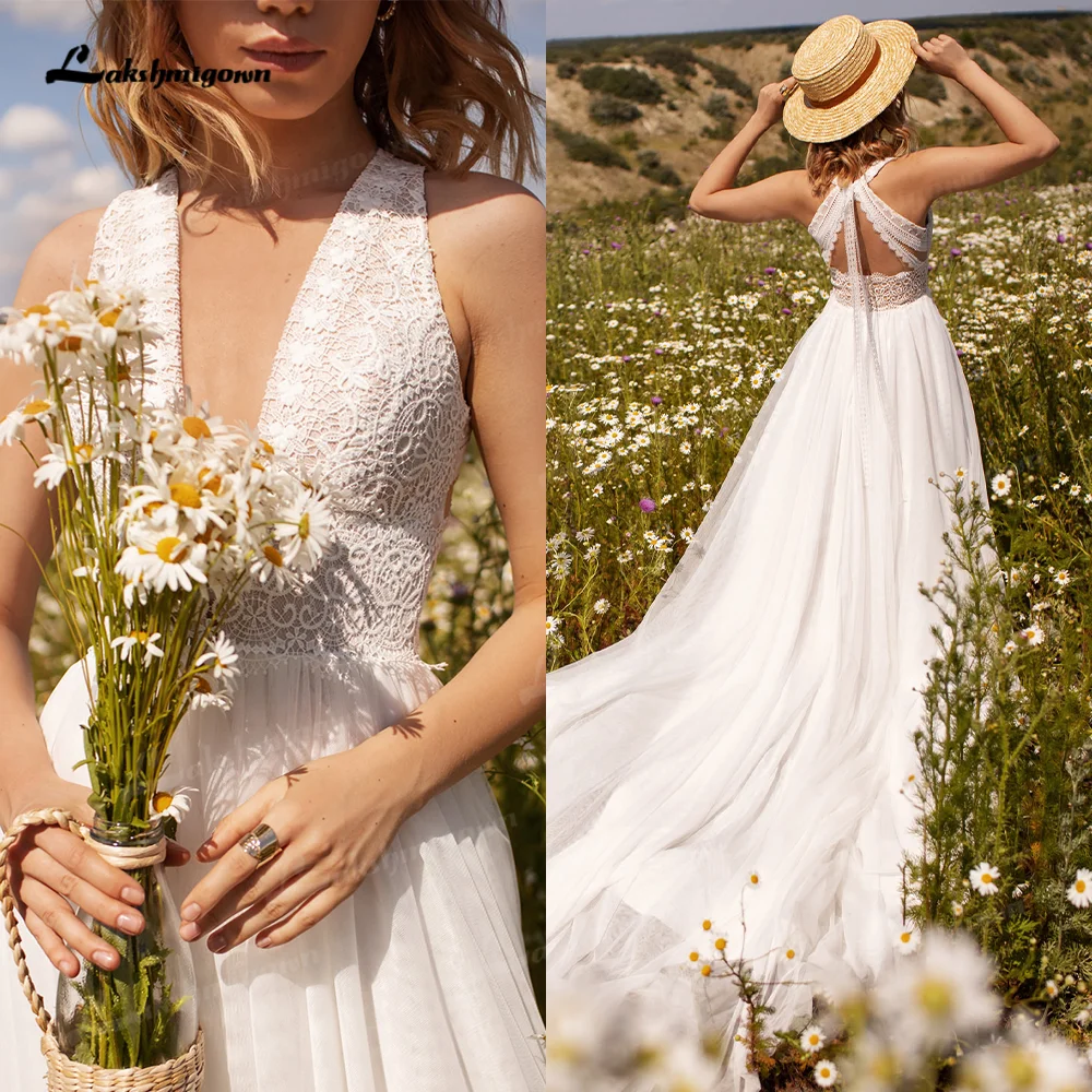 

Vintag Bohemian Wedding Dress 2022 Deep V Neck Beach A Line Bridal Gowns Backless Summer Boho Wedding Gown vestido de novia