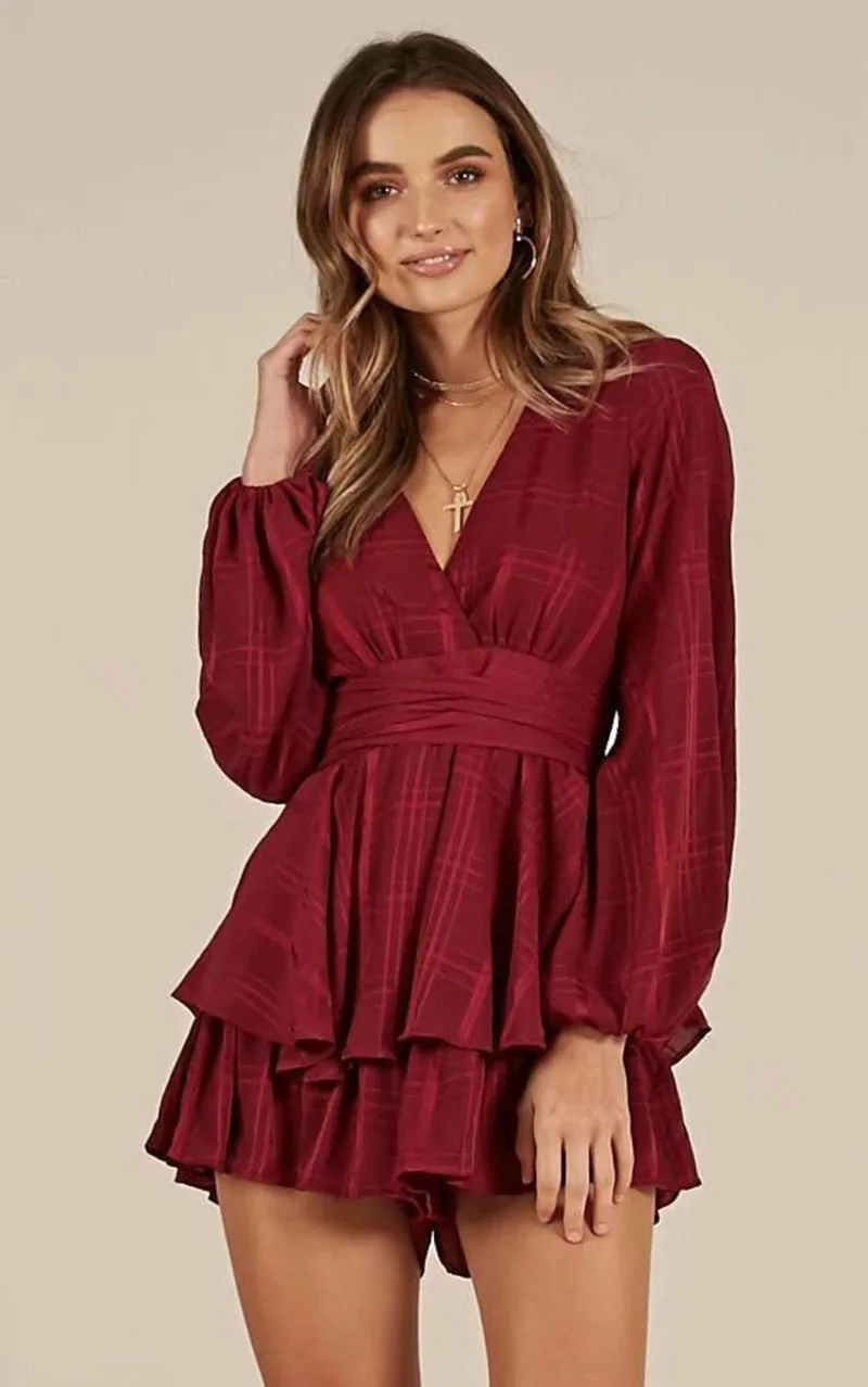 White Ruffle Plaid Jumpsuits Rompers Spaghetti Strap Cross Back Bow Tie Waist Skorts Playsuit Girl Summer Beach Overalls - Цвет: Бургундия