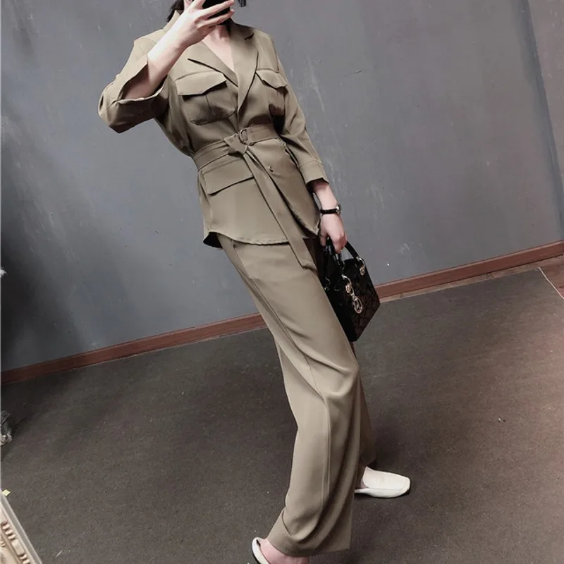 

Elegant Ladies Two Piece Set Wide Leg Pants Belted Blazer Tops Matching Sets 2021 New Fashion Women Office Work Suit Outfits
