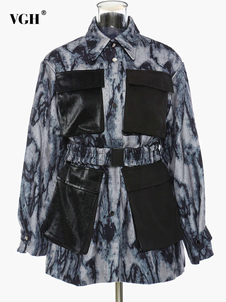 

VGH Casual Straight Print Colorblock Patchwork Jacket For Women Lapel Long Sleeve Gathered Waist Jackets Female Fashion Autumn