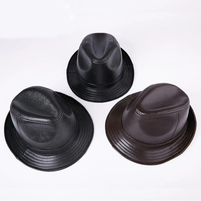 

Male 100% Genuine Leather Jazz Hat Adult Fedoras Hat Male Sheepskin Fedoras Cap Men's Wide Brim Leather Cowboy Hat