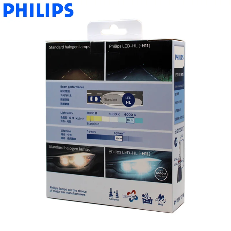 Philips светодиодный Ultinon H11, незаменимый светодиодный автомобильный светильник, 6000 K, яркий белый светильник, настоящий автомобильный головной светильник, лампы 11362UE X2, пара