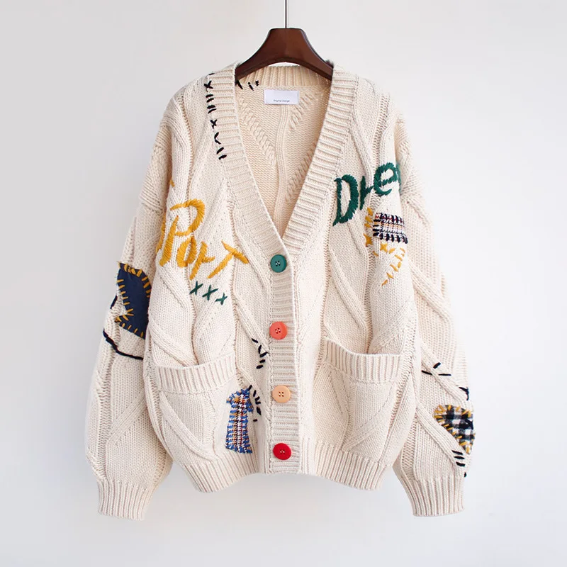 

VANOVICH Korean Japan Style Embroidered Preppy Style Loose Short Sweater 2021 Autumn and Winter New Cute Cardigan