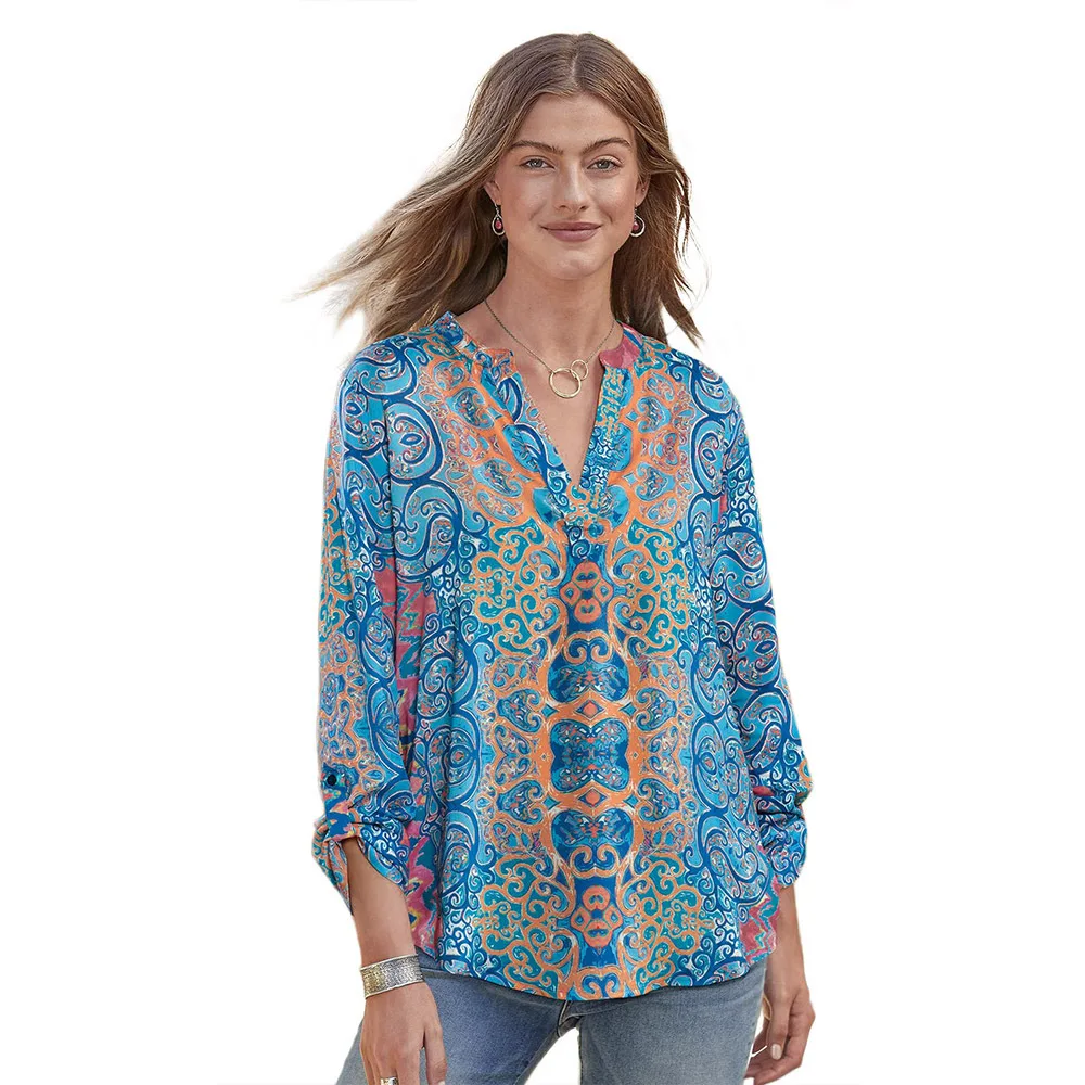 Ретро печатная обычная рубашка Женская Осень Зима Новый v образный вырез пуловер