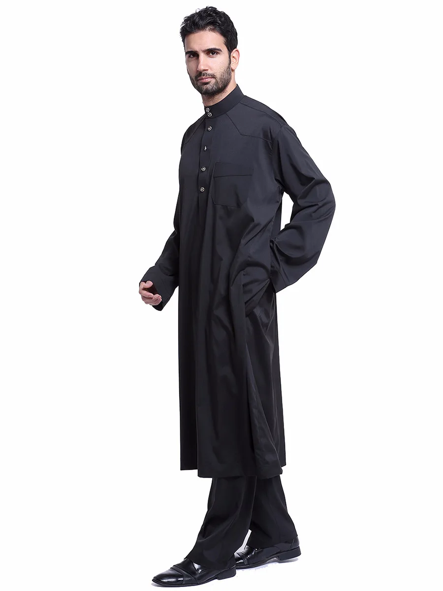 Solid Color Muslim Men Dress Jubba Thobe Long Sleeve Breathable Robes Stand Collar Islamic Arabic Kaftan Man Abaya S-3XL PW210