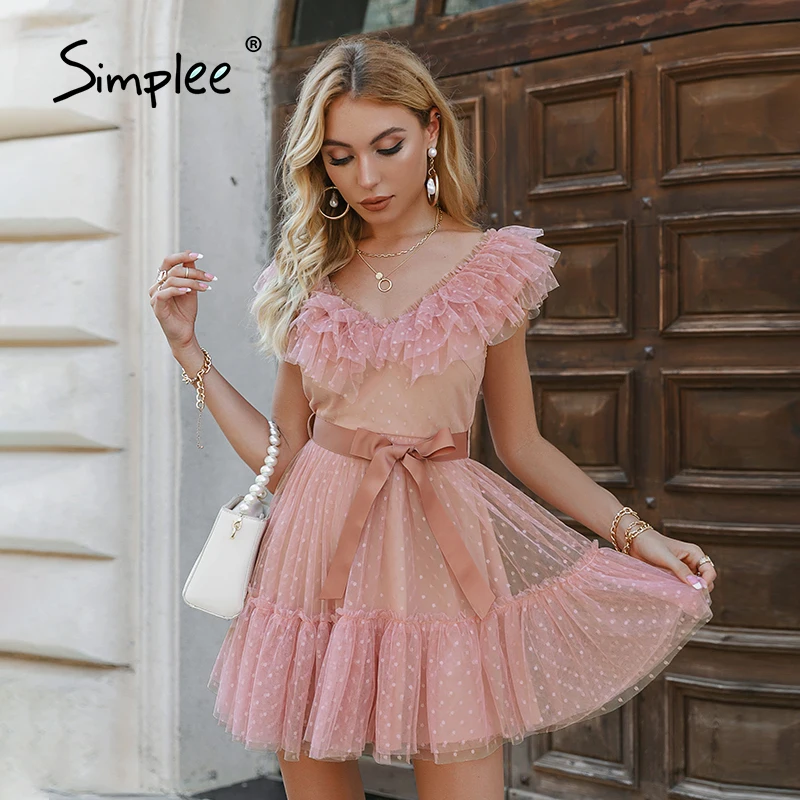 Simplee праздник в горошек с рюшами платье трапециевидной формы с v-образным вырезом платье с фатиновой юбкой для женщин элегантные на шнуровке...