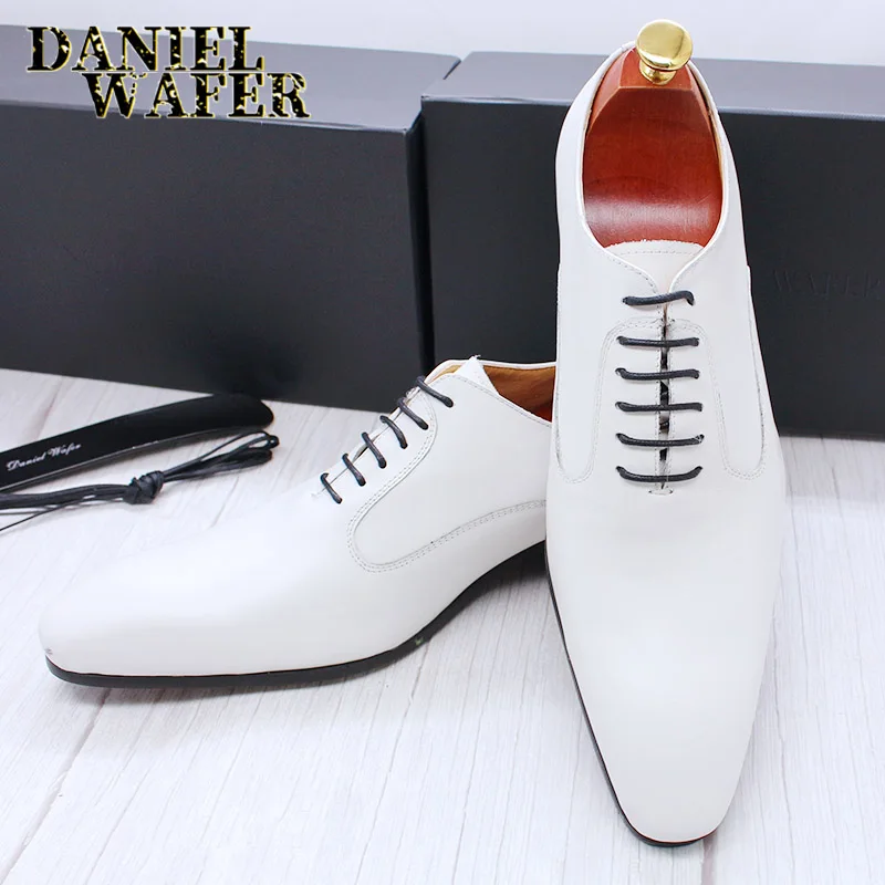 

Luxury Brand Men Oxford Shoes White Black Brown Men Dress Office Wedding Formal shoes Lace up Pointed toe Leather Shoes Men