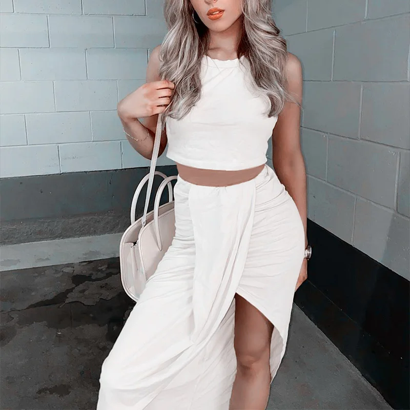 

Women's Skirt Set Solid Split Pleated Folds Ladies Skirts Suit Sleeve Crop Top And Elastic Waist Bottom 2021 Summer Party Sexy