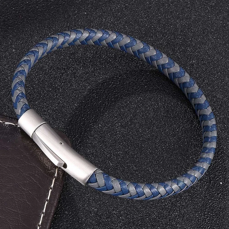 Простой синий серый кожаный плетеный браслет унисекс модный из нержавеющей