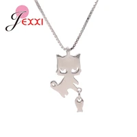 fashion 925 sterling silver smooth surface cute little cat catching fish shape pendant for women chain necklace fine jewelry