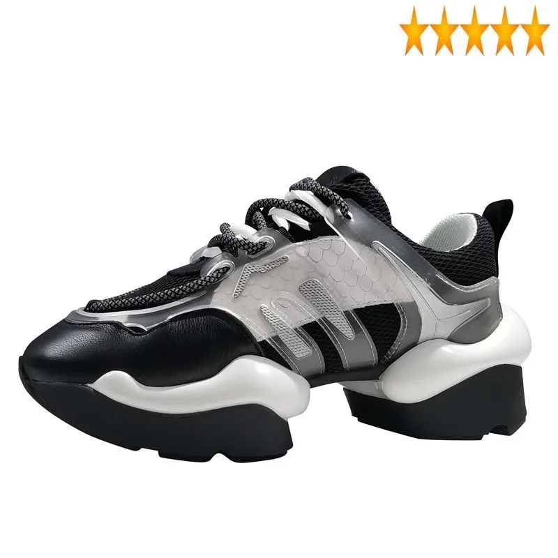 Real Leather Patchwork Platform Women Lace-up Breathable Hip-hop Chunky Shoes Height Increasing Luxury White Trainers
