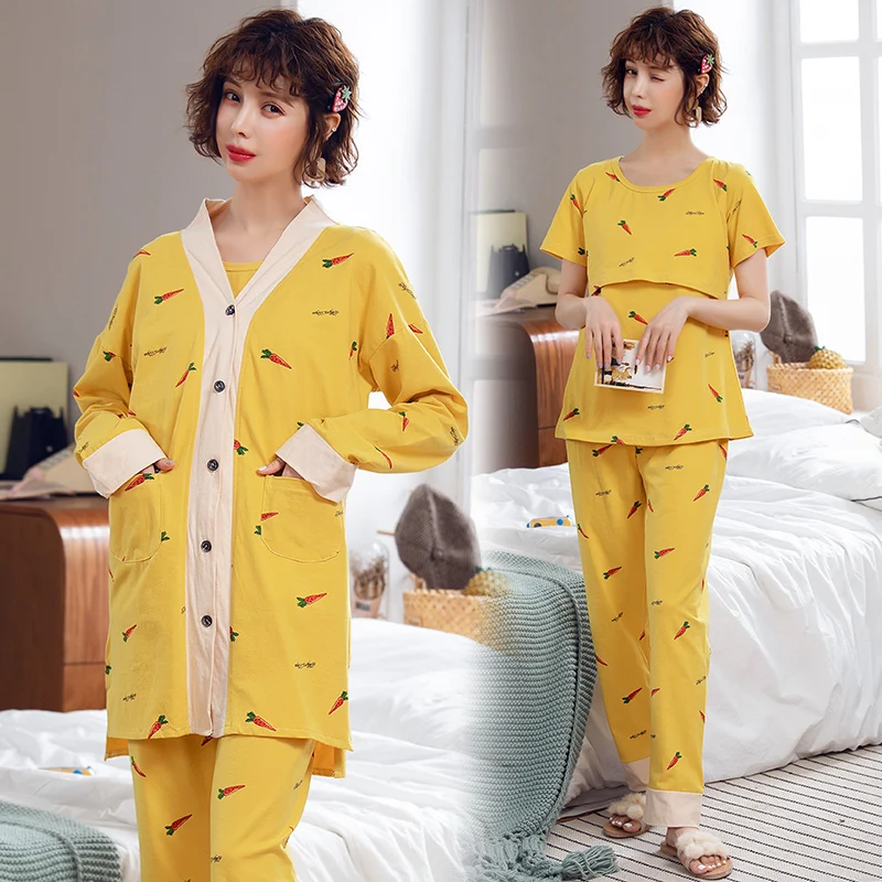 

3PCS/Set Yellow Cotton Maternity Nursing Nightwear Sets Breastfeeding Sleepwear for Pregnant Women Pregnancy Feeding Lounge